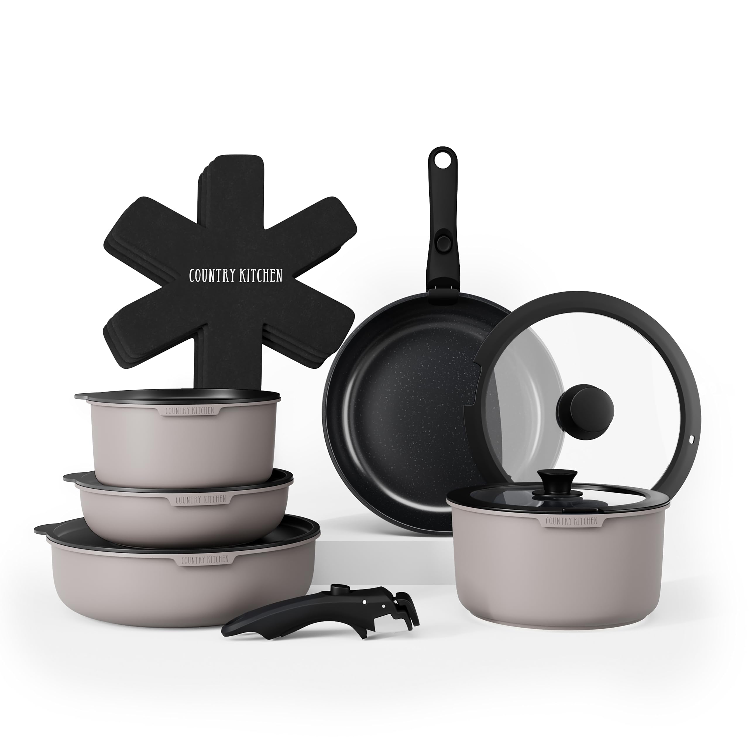 Country Kitchen ensemble devant montrant rangement compact et finition grise