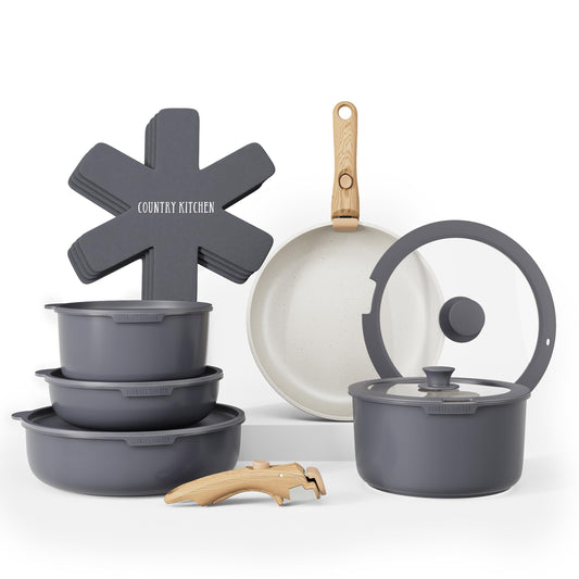 Country Kitchen vue face avant du set empilable montrant design gris et ivoire, gain de place