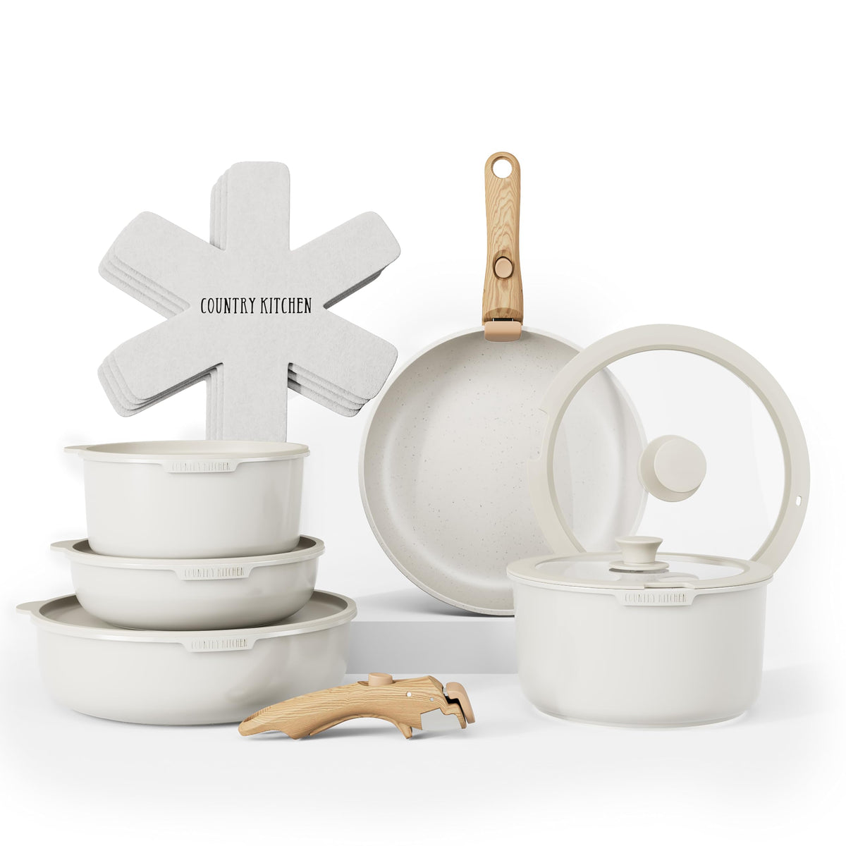Country Kitchen vue face avant de l'ensemble, design crème doré esthétique et fonctionnel