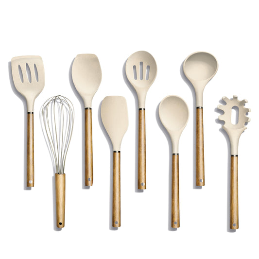 Country Kitchen face du coffret kaki montrant les huit ustensiles, pratique pour l'organisation