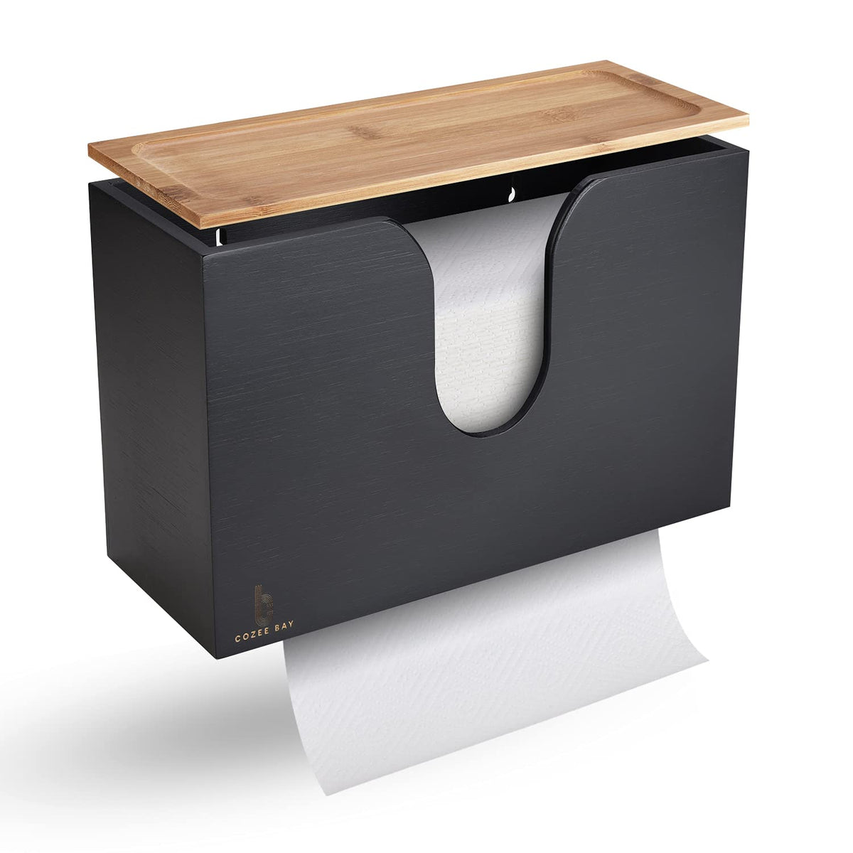 Cozee Bay face avant du distributeur en bambou montrant design élégant et praticité