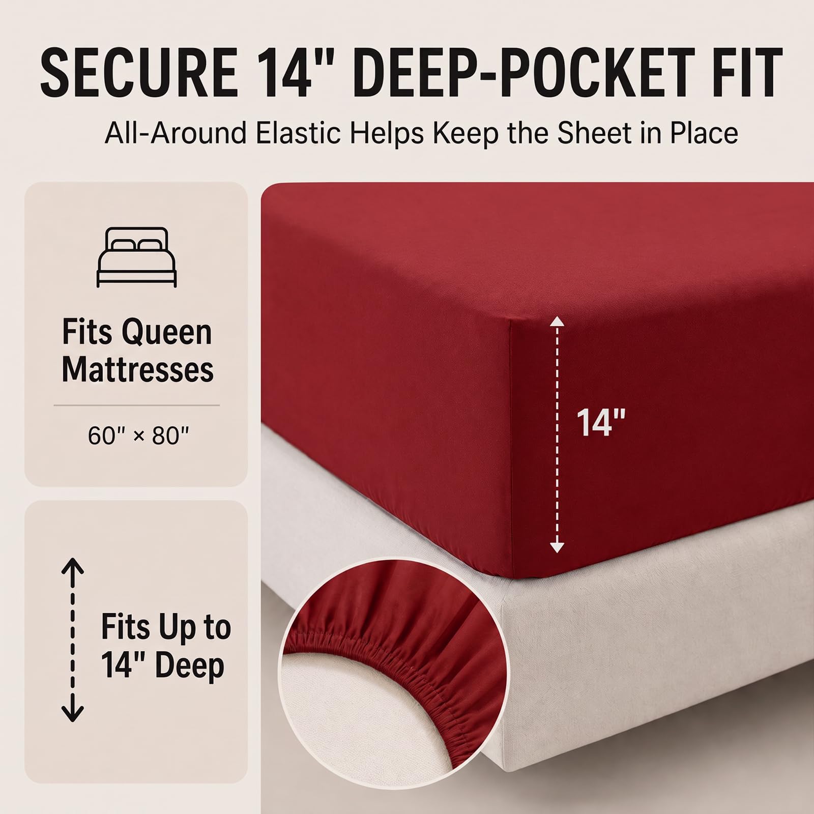 CozyLux drap-housse 14" poches profondes en place sur un matelas épais, tenue sécurisée
