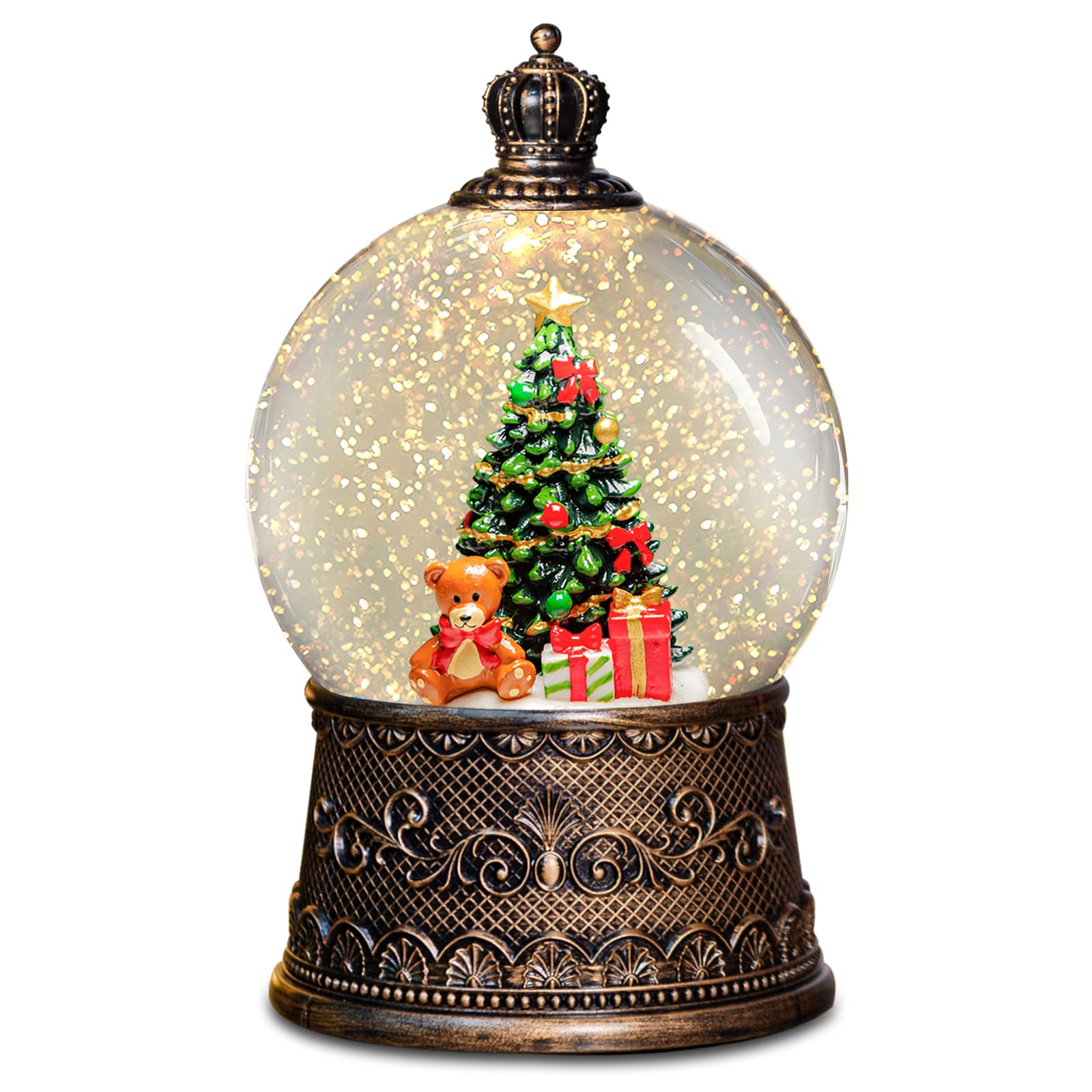 COZY-PAVILION vue frontale du globe-lanterne éclairé montrant scène festive