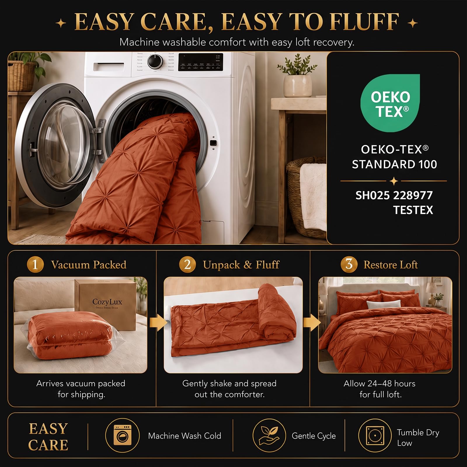CozyLux comparaison d'échelle sur lit king montrant retombée d'environ 13 pouces
