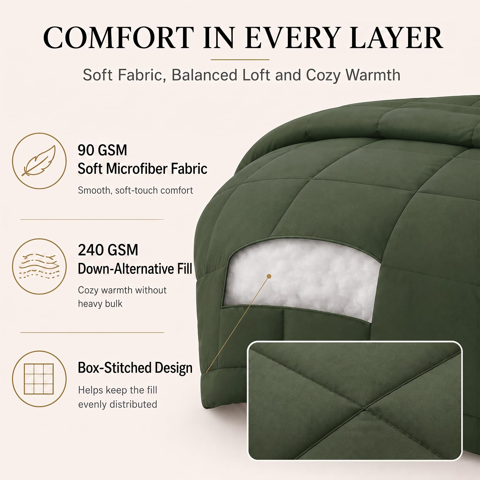 CozyLux détail de la couture box-stitch, maintien du garnissage sans déplacements