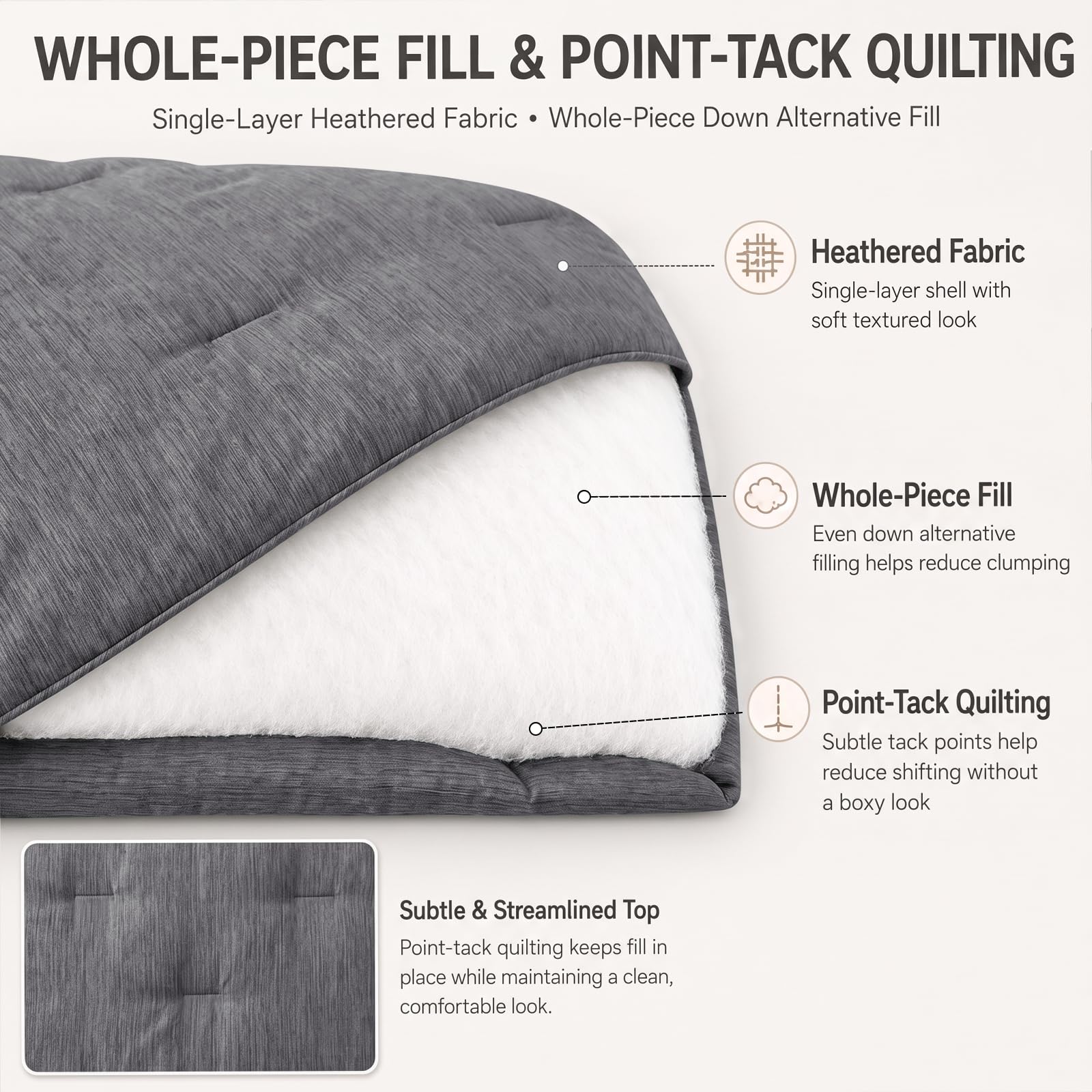 CozyLux détail du quilting point-tack gardant le garnissage stable