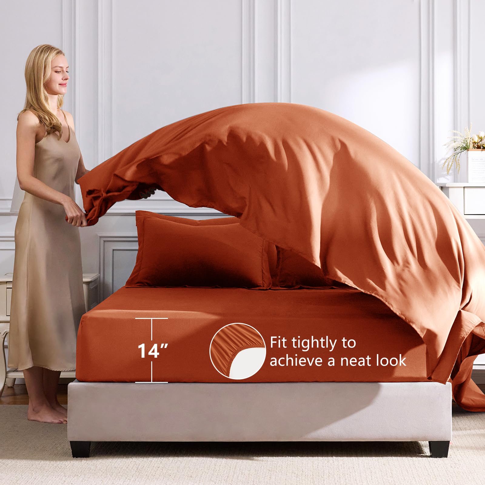 CozyLux drap housse profil 14" montrant ajustement sécurisé et profondeur
