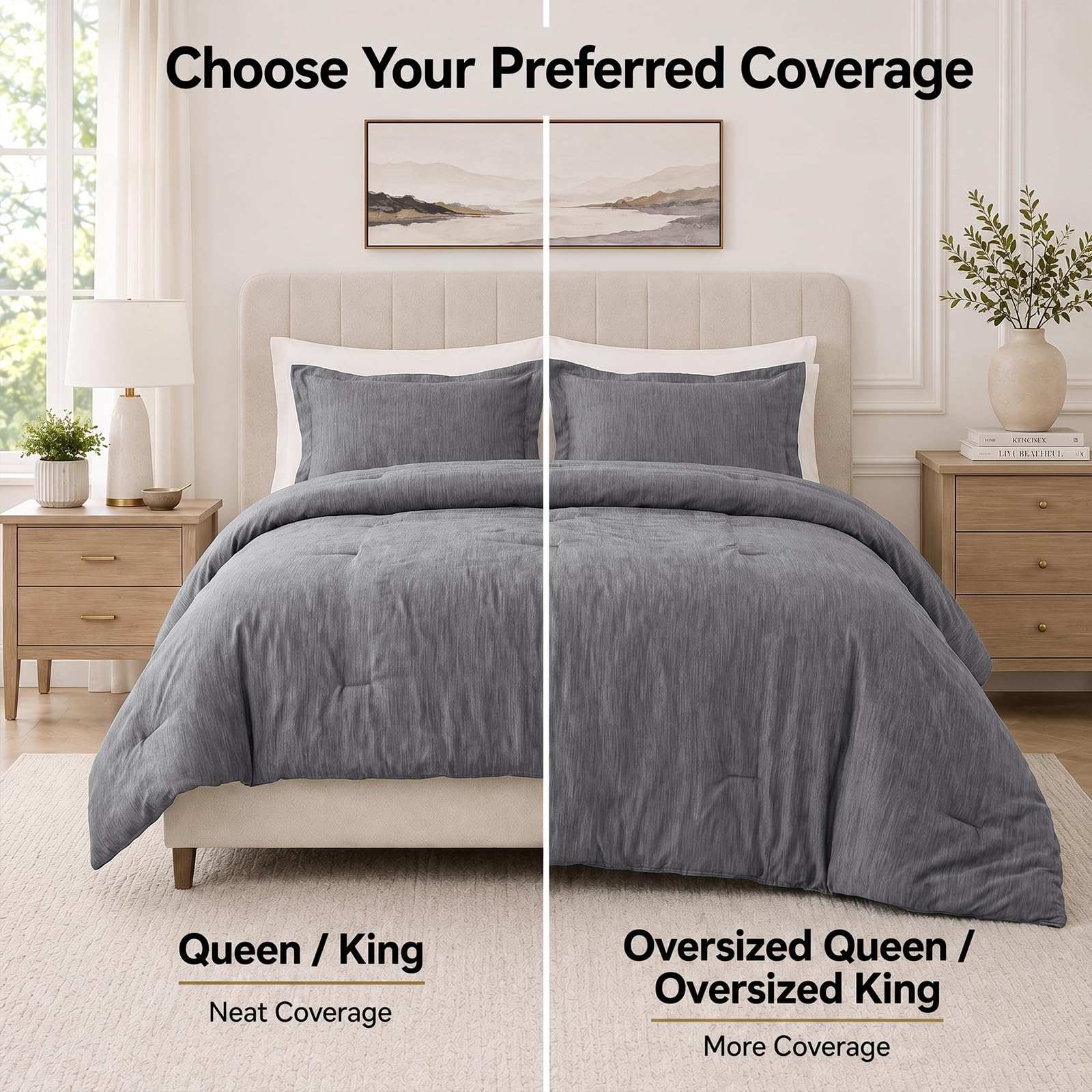 CozyLux comparaison d'échelle montrant retombée sur matelas King