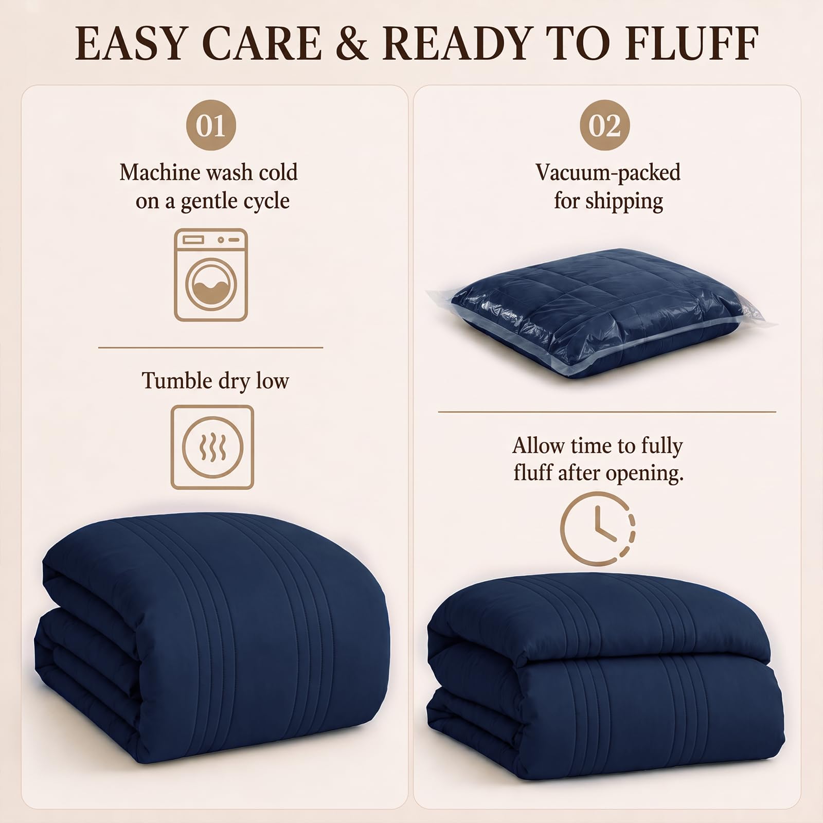 CozyLux étiquette entretien montrant lavage facile et instructions claires