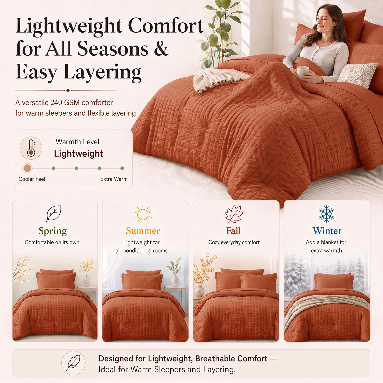 CozyLux parure installée dans chambre stylée, ambiance cosy orange brûlé