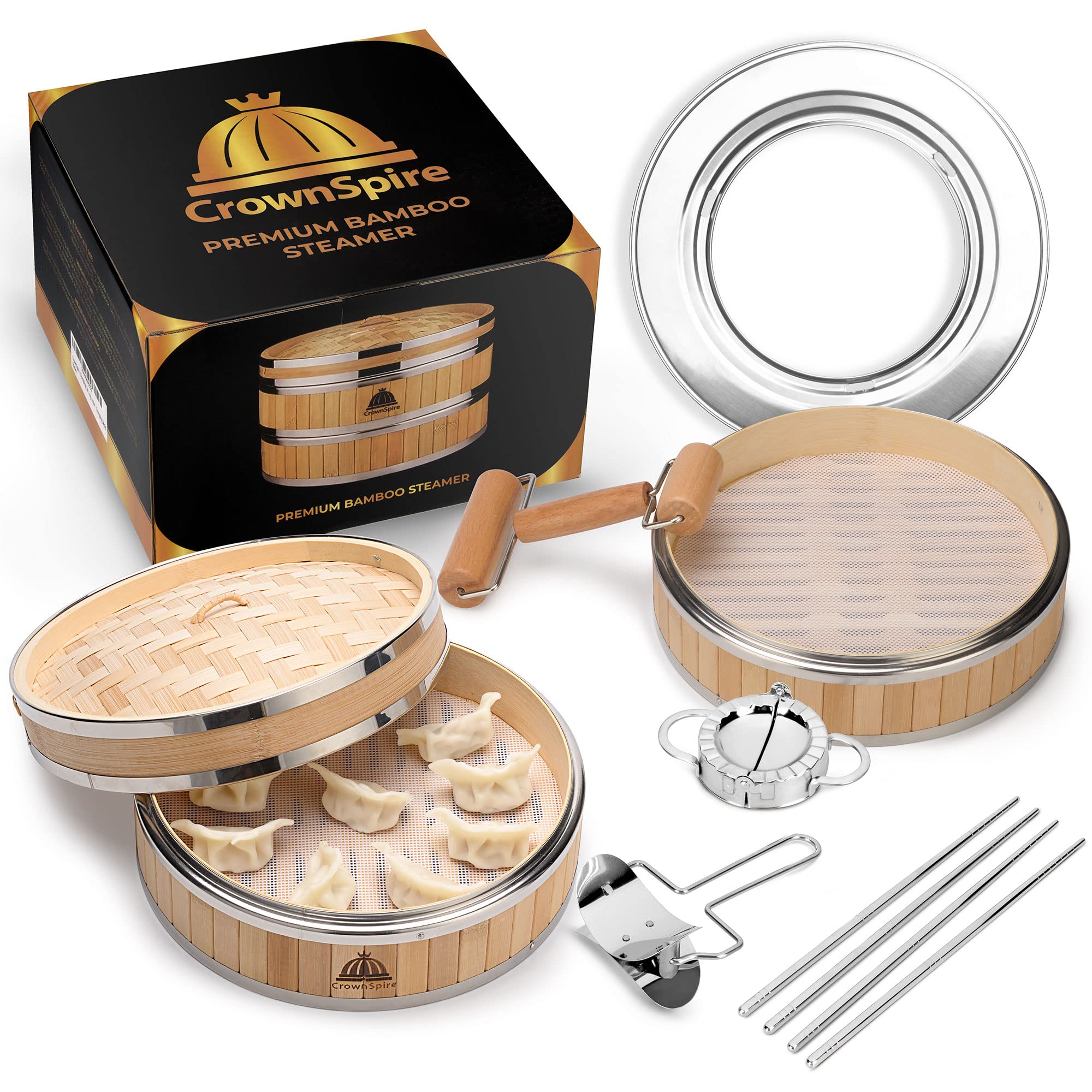 CrownSpire face du panier vapeur bambou montrant kit complet et finition naturelle