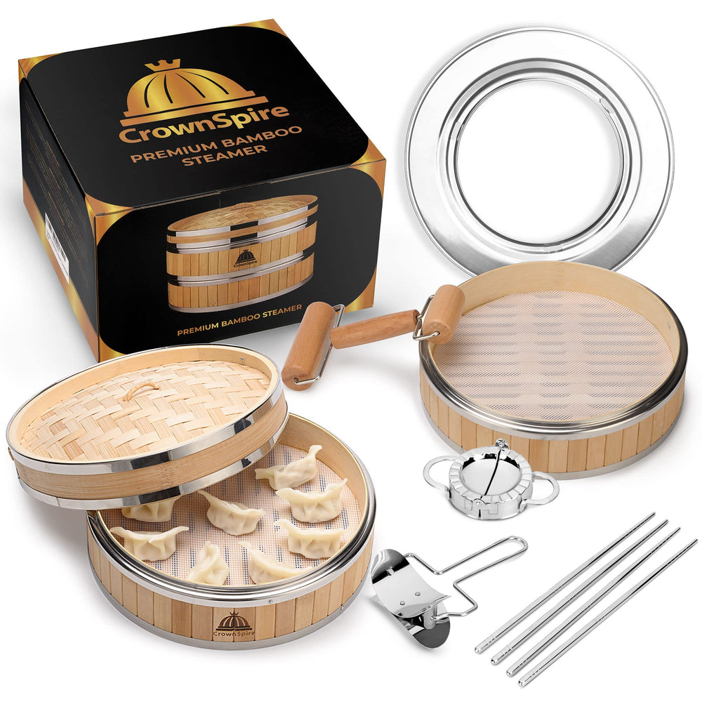 CrownSpire face du panier vapeur bambou montrant kit complet et finition naturelle