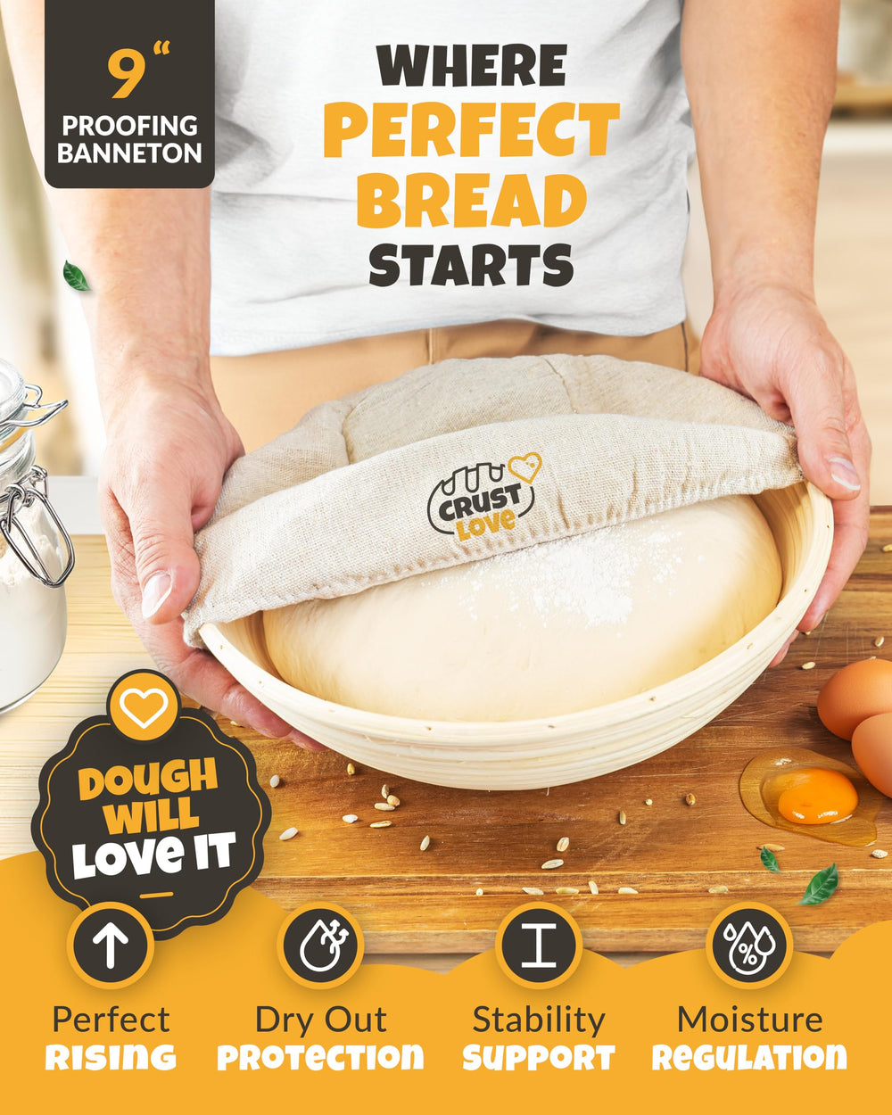 CRUSTLOVE banneton ensemble montrant soutien de la pâte et esthétisme