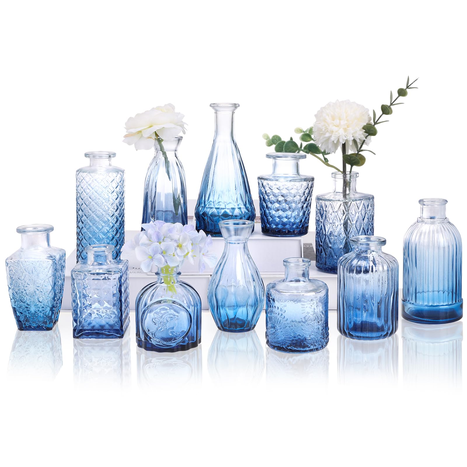 CUCUMI ensemble de 12 vases bleus vue d'ensemble, valorise centres de table