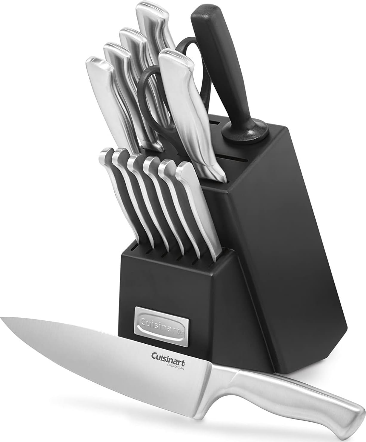 Cuisinart ensemble 15 pièces vue de face présentant tous les couteaux et accessoires, organisation pratique
