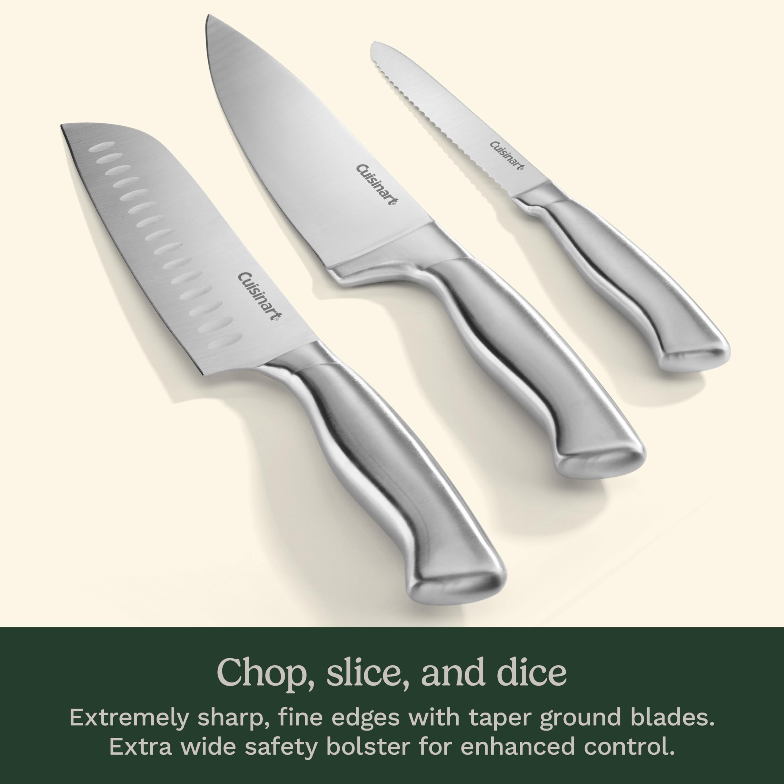 Cuisinart manche creux ergonomique montré en détail, équilibre léger pour confort de coupe
