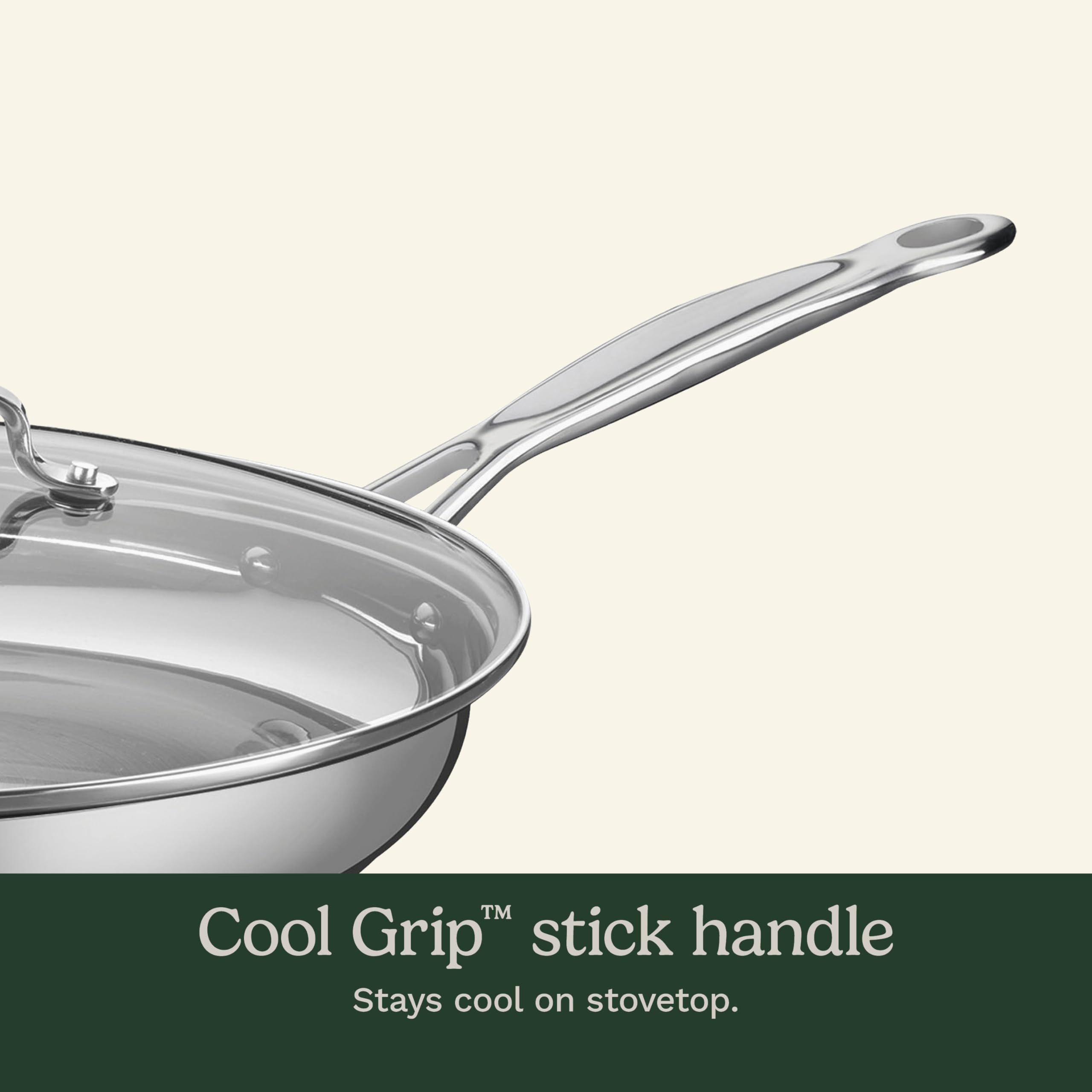 Cuisinart gros plan surface inox résistante, compatible ustensiles métalliques
