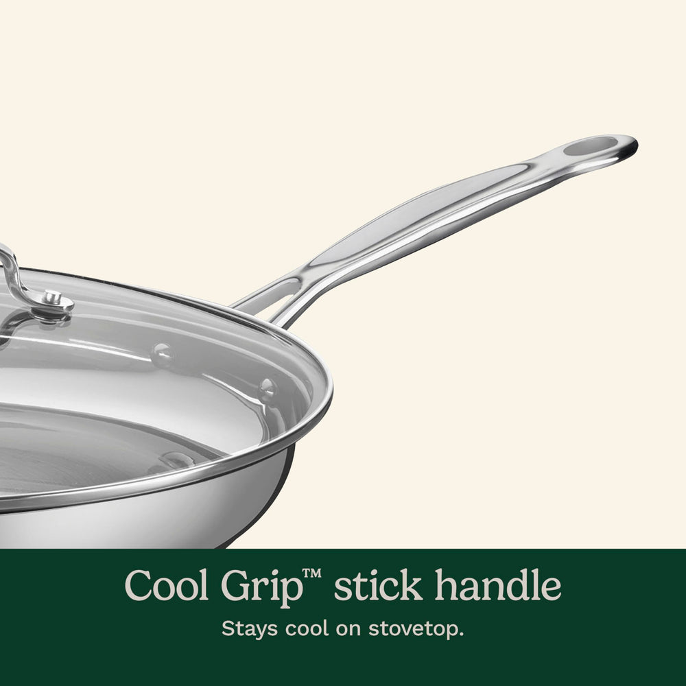 Cuisinart gros plan surface inox résistante, compatible ustensiles métalliques