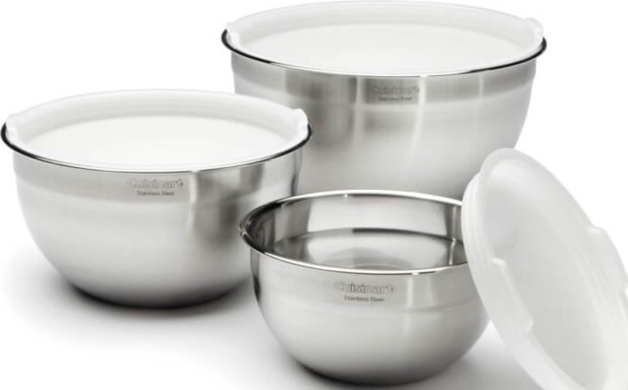 Cuisinart face du lot de saladiers inox montrant emballage et finition durable