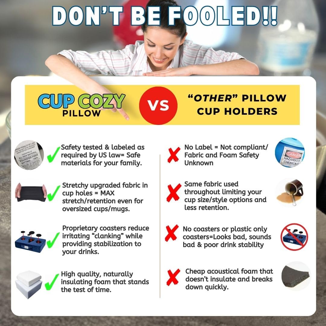 Cup Cozy Pillow à côté d'une bouteille pour comparaison de taille portable