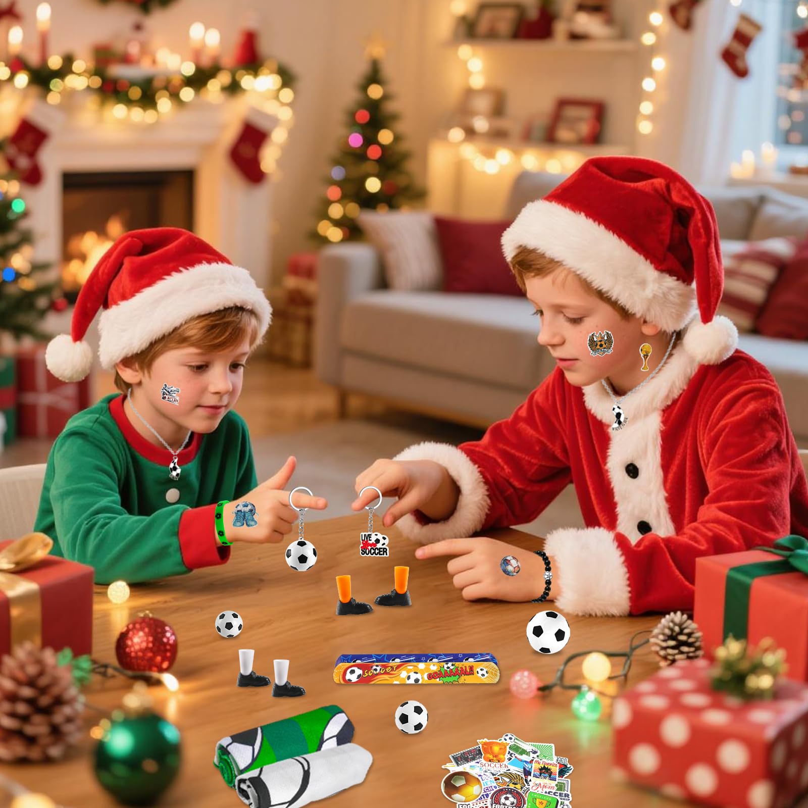 Deux enfants en costumes de Noël montrant des porte-clés football, avec balles et accessoires sur la table.