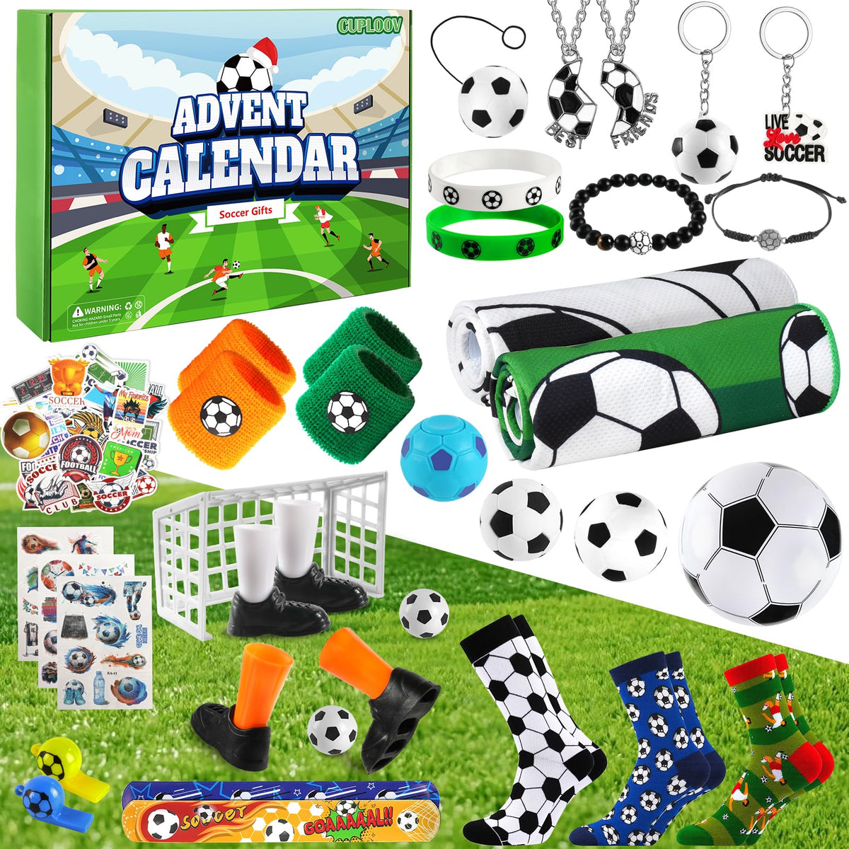Calendrier CUPLOOV football et assortiment de bracelets, porte-clés, chaussettes, serviettes et petits jeux.