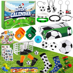 Calendrier CUPLOOV football et assortiment de bracelets, porte-clés, chaussettes, serviettes et petits jeux.
