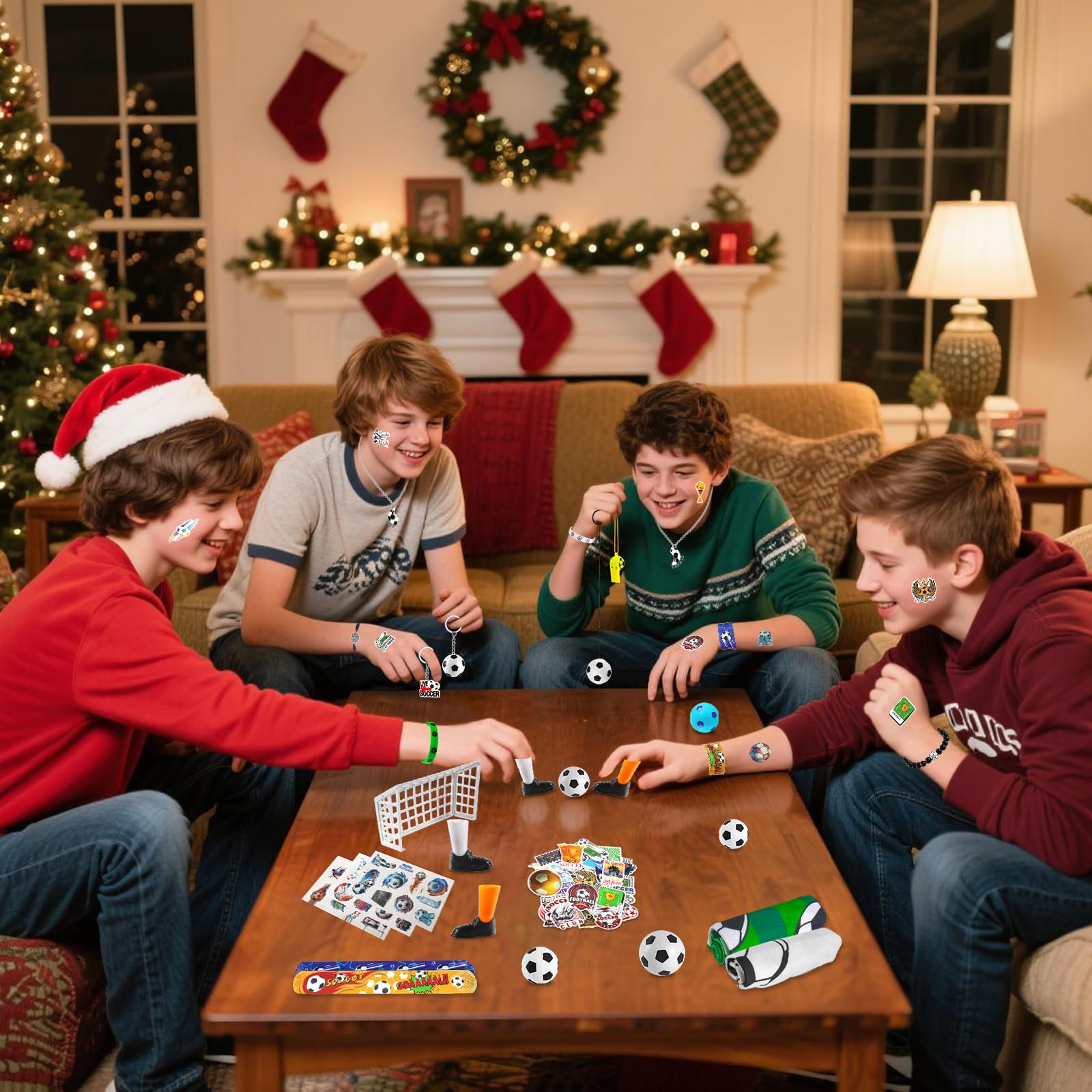 Quatre jeunes autour d’une table avec mini-jeu de football, balles et accessoires CUPLOOV, dans un décor de Noël.