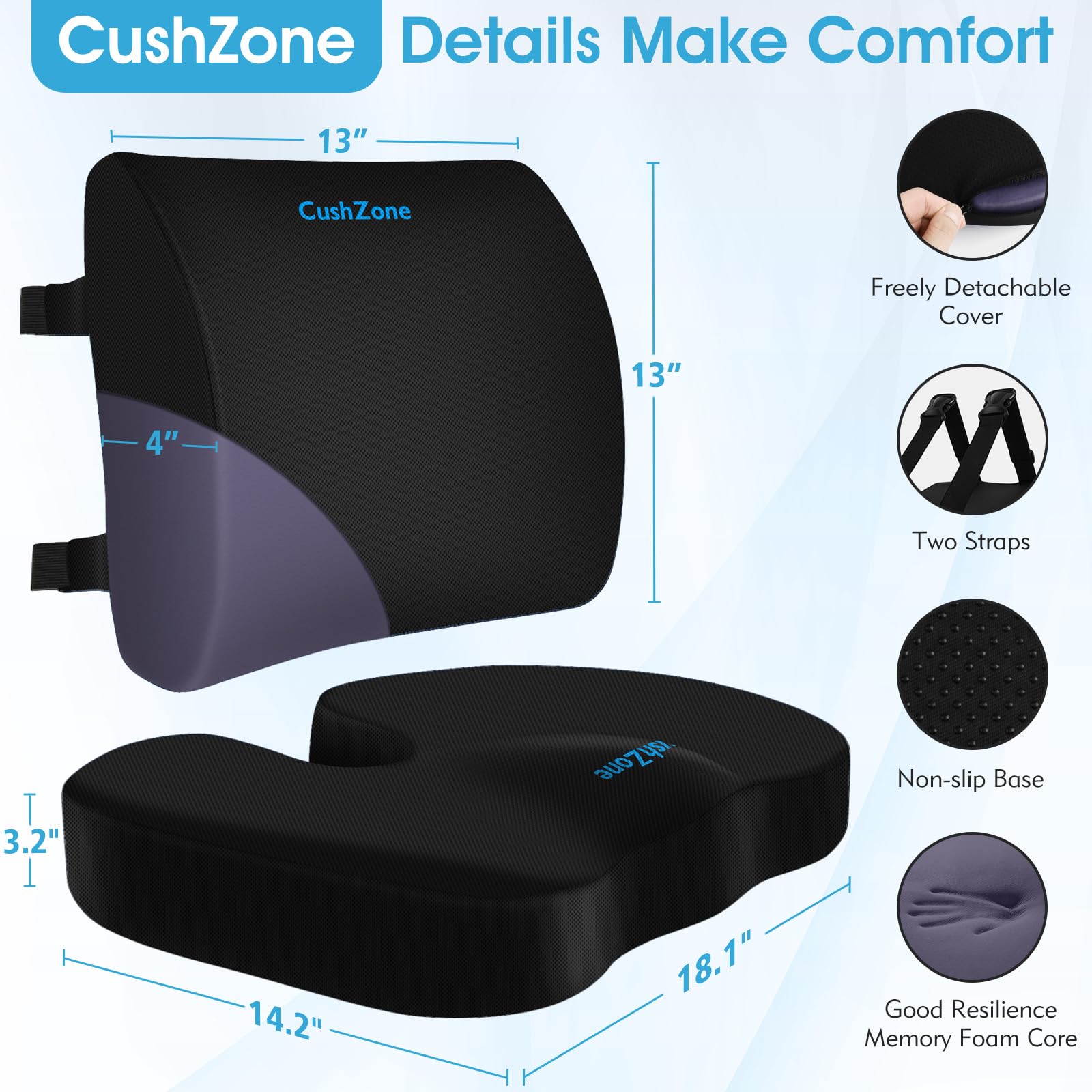 CushZone détail de la mousse mémoire pour confort adaptatif et maintien
