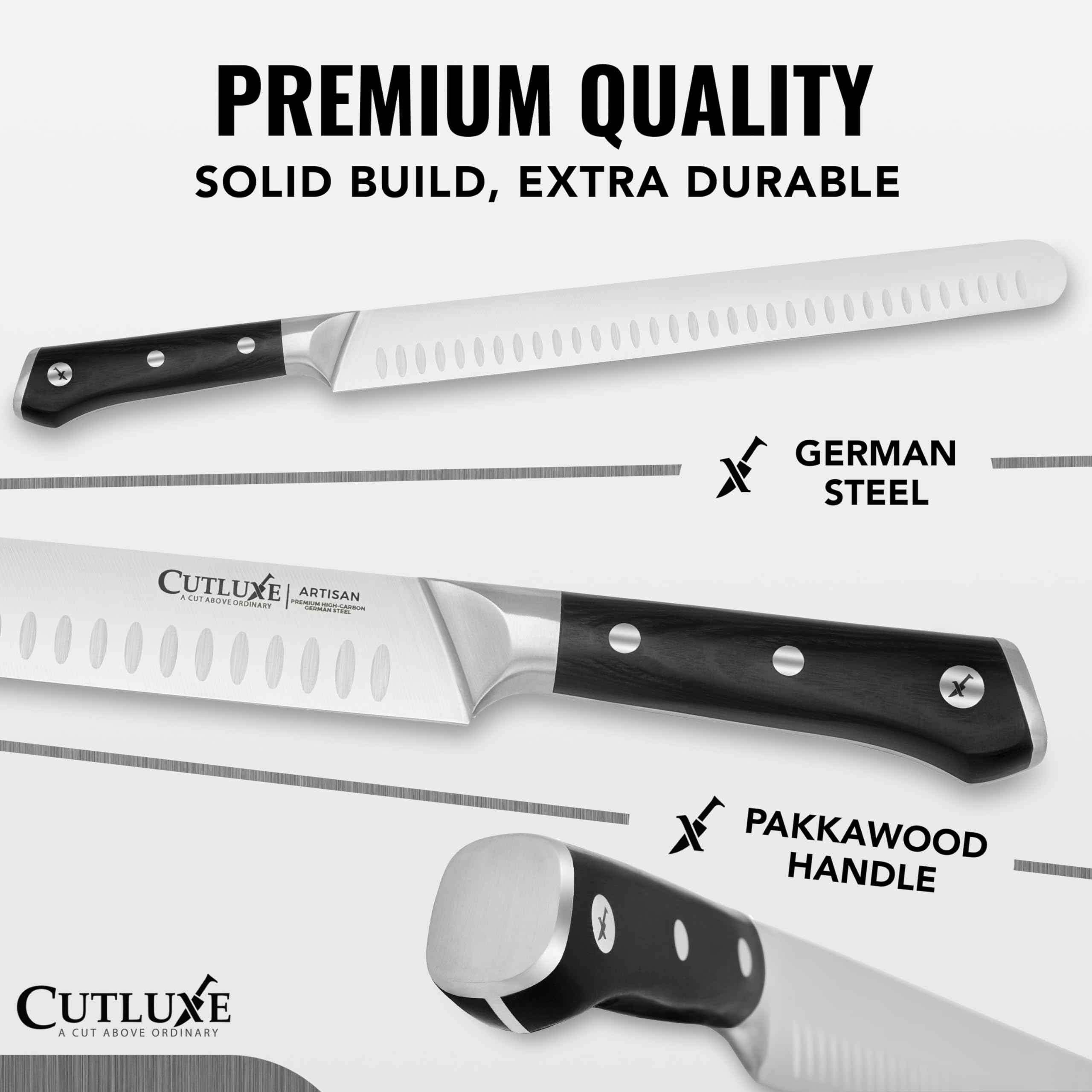 Cutluxe gros plan de la lame Granton pour tranchage sans accroche