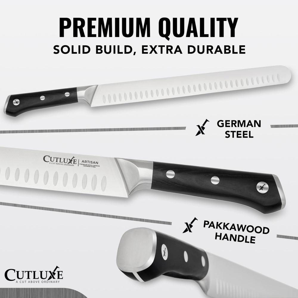 Cutluxe gros plan de la lame Granton pour tranchage sans accroche