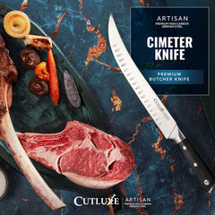 Cutluxe couteau en action lors d'un barbecue pour tranches régulières