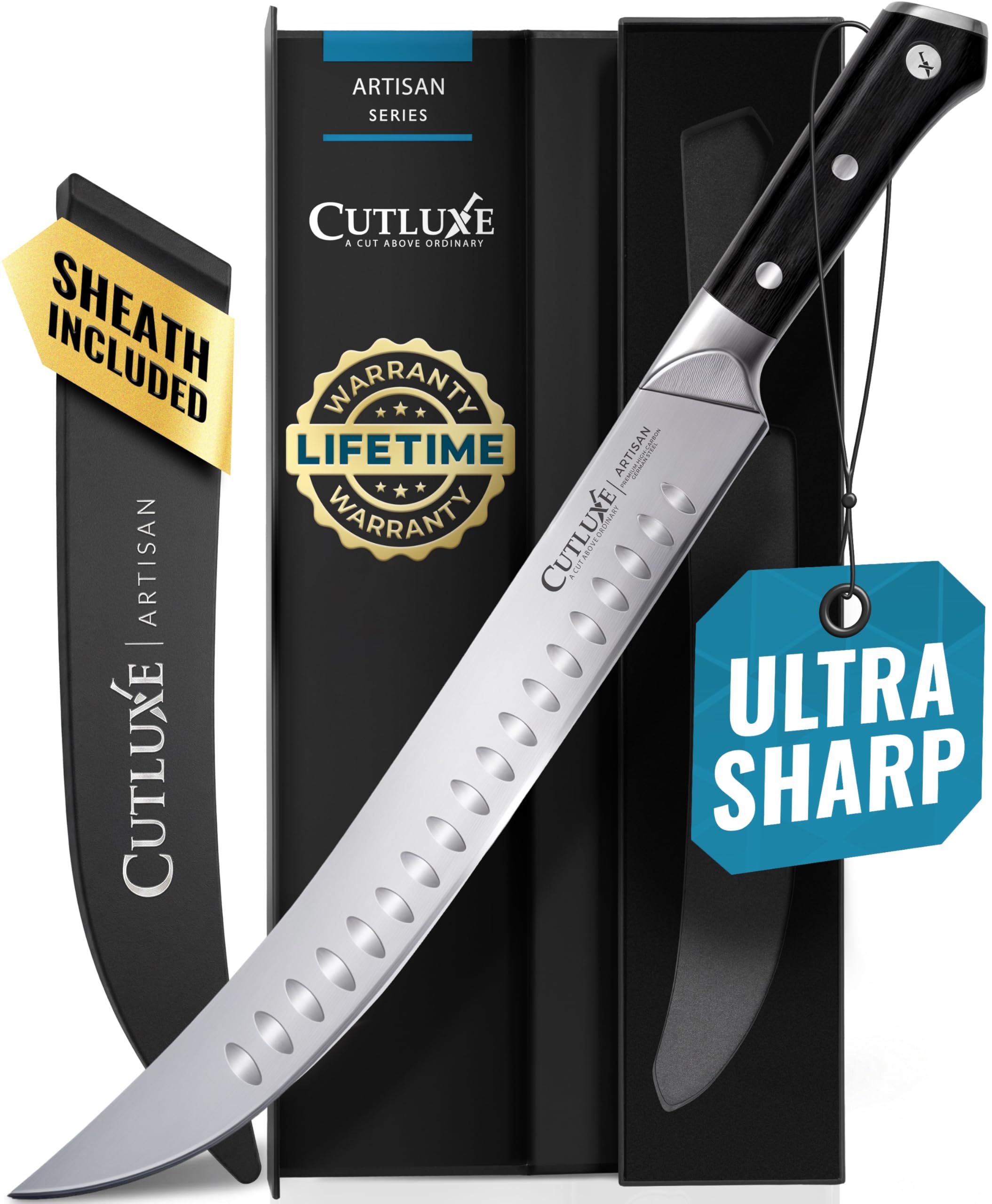 Cutluxe vue de face du couteau cimeter montrant coupe nette