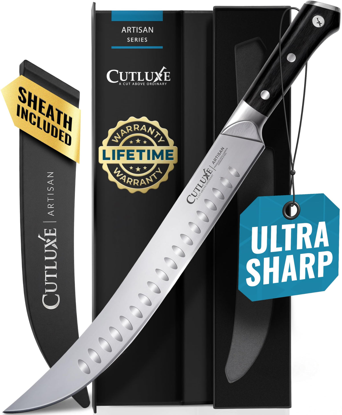 Cutluxe vue de face du couteau cimeter montrant coupe nette