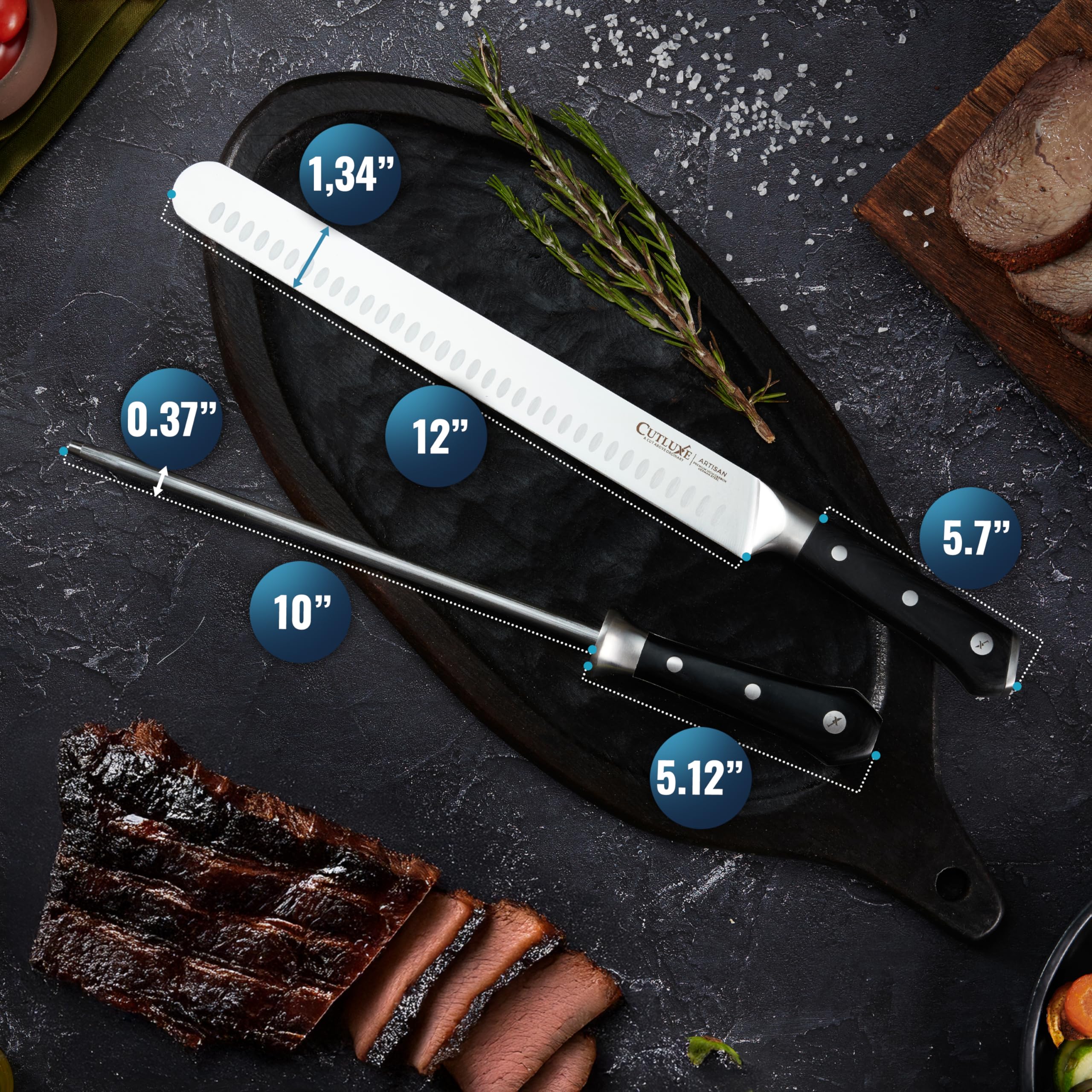 Cutluxe comparaison taille main illustrant longueur de 12 pouces