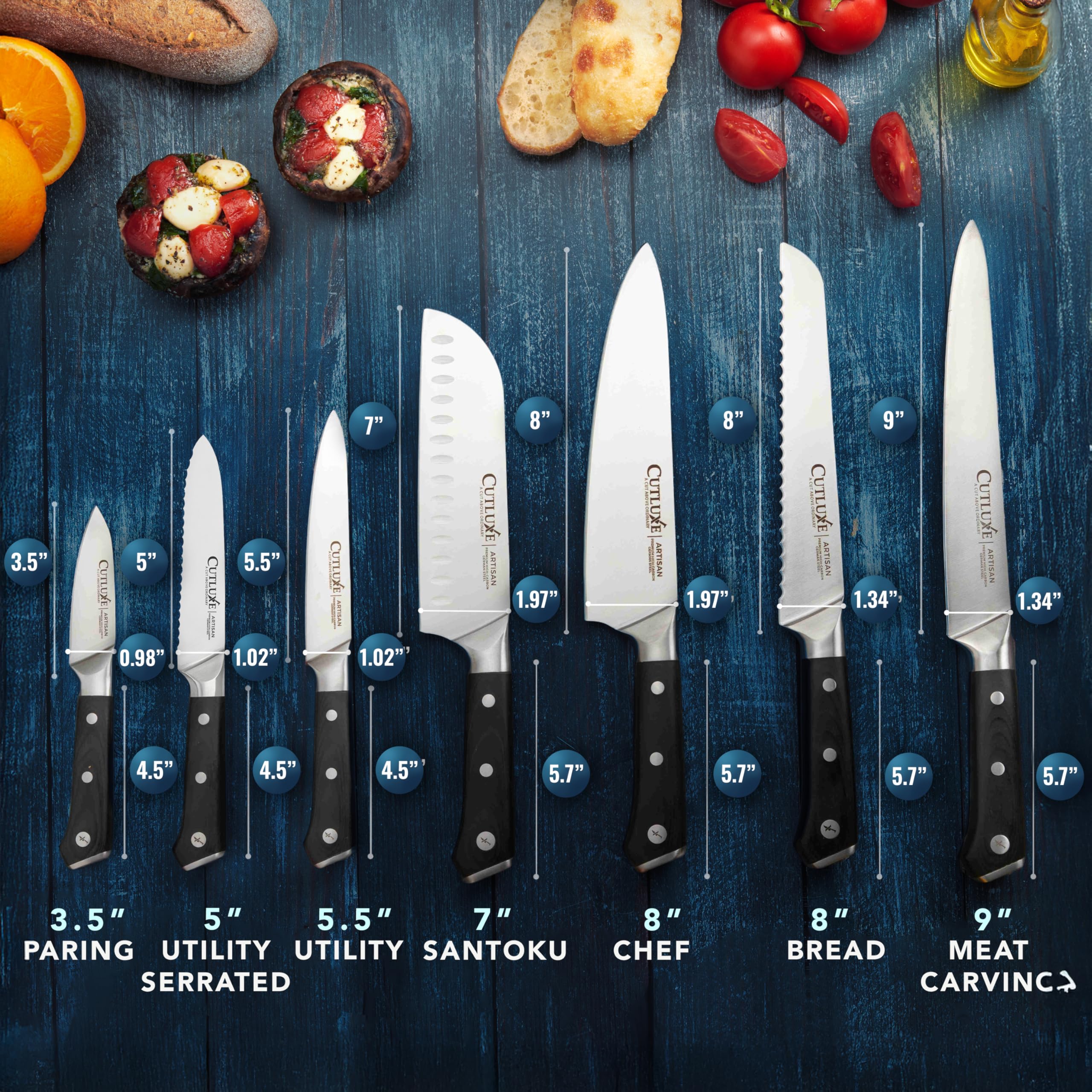 Cutluxe lame de couteau de chef gros plan, coupe précise et tranchant durable
