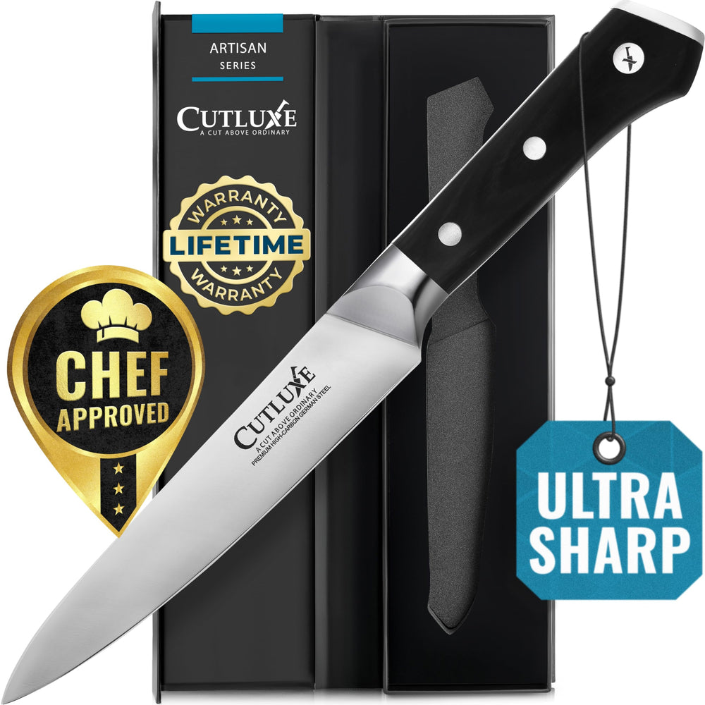 Cutluxe couteau d'office face avant montrant coupe précise