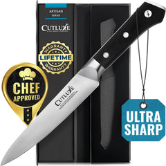 Cutluxe couteau d'office face avant montrant coupe précise