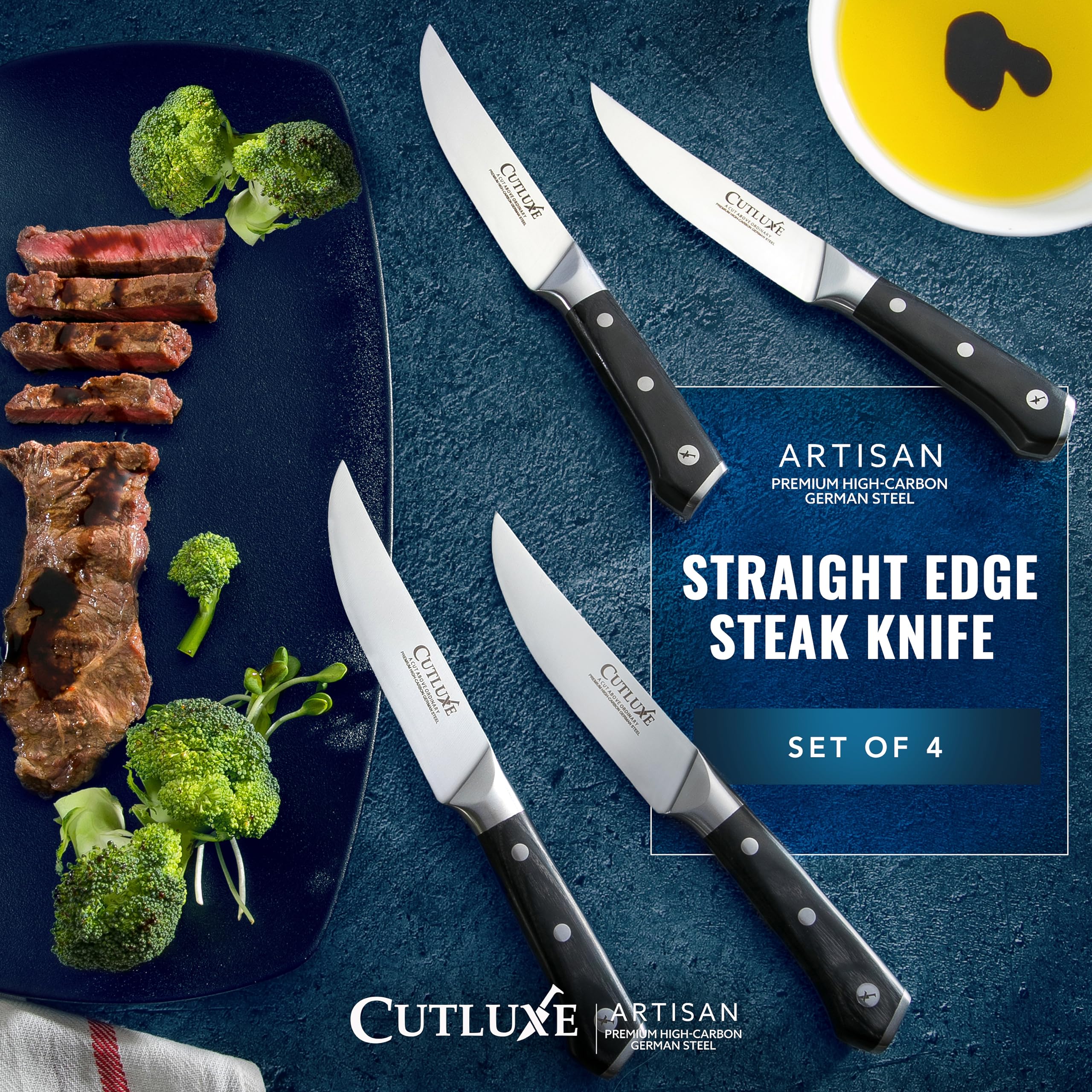 Cutluxe couteau en main découpant steak avec contrôle précis