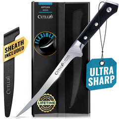 Cutluxe vue de face du couteau montrant la lame et le manche pour précision
