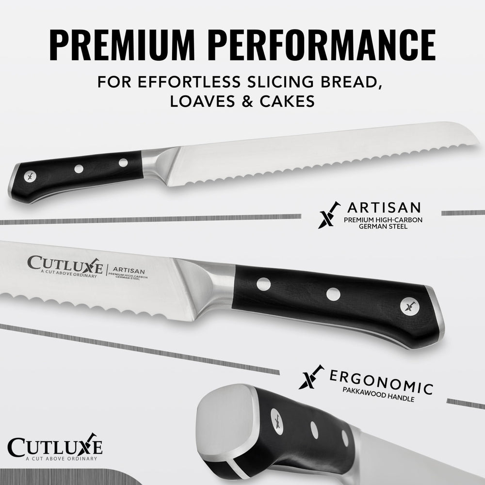 Cutluxe gros plan lame dentelée montrant précision de coupe