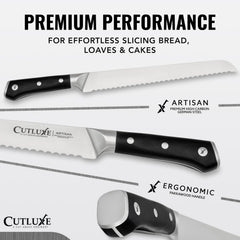Cutluxe gros plan lame dentelée montrant précision de coupe