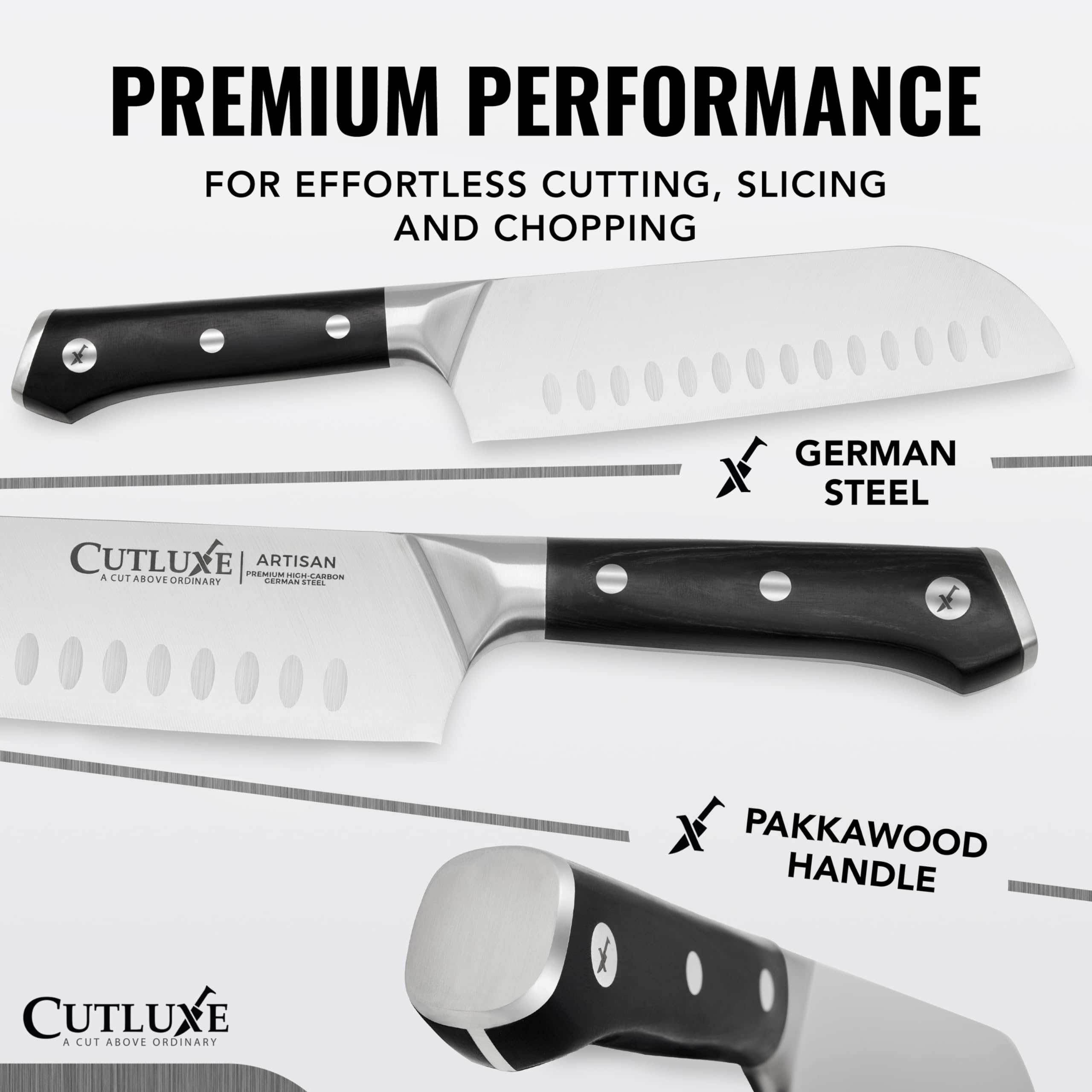 Cutluxe poignée ergonomique en gros plan, confort et prise en main sécurisée