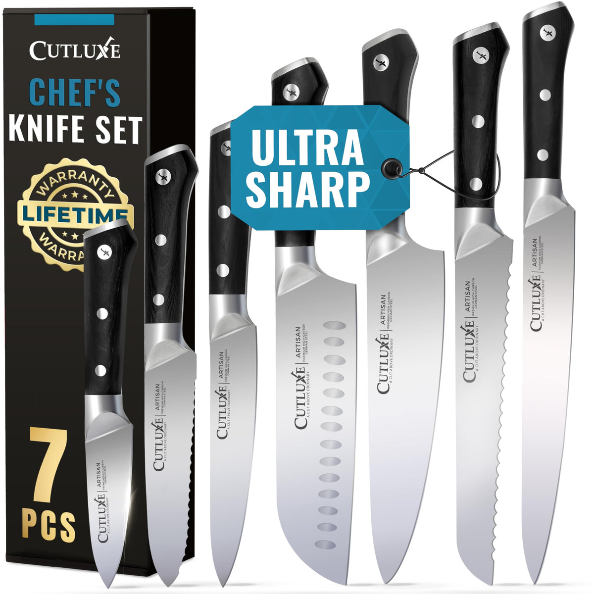 Cutluxe ensemble vu de face montrant les 7 couteaux, organisation et polyvalence