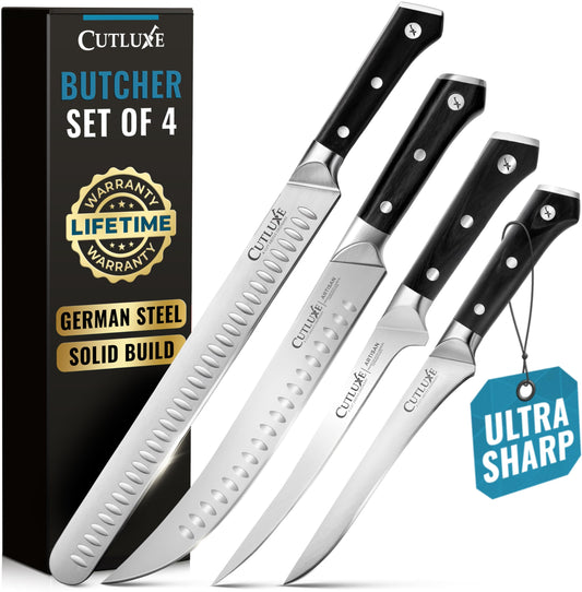 Cutluxe image de face du coffret montrant les quatre couteaux pour une présentation pro