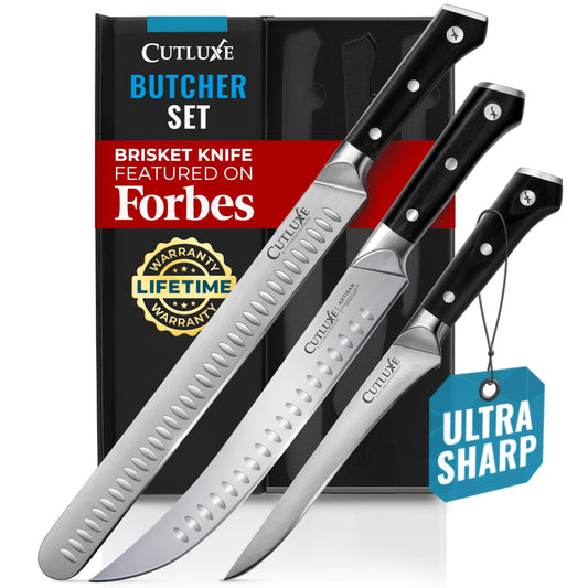 Cutluxe face du coffret de couteaux boucher, présentation professionnelle et gains de temps