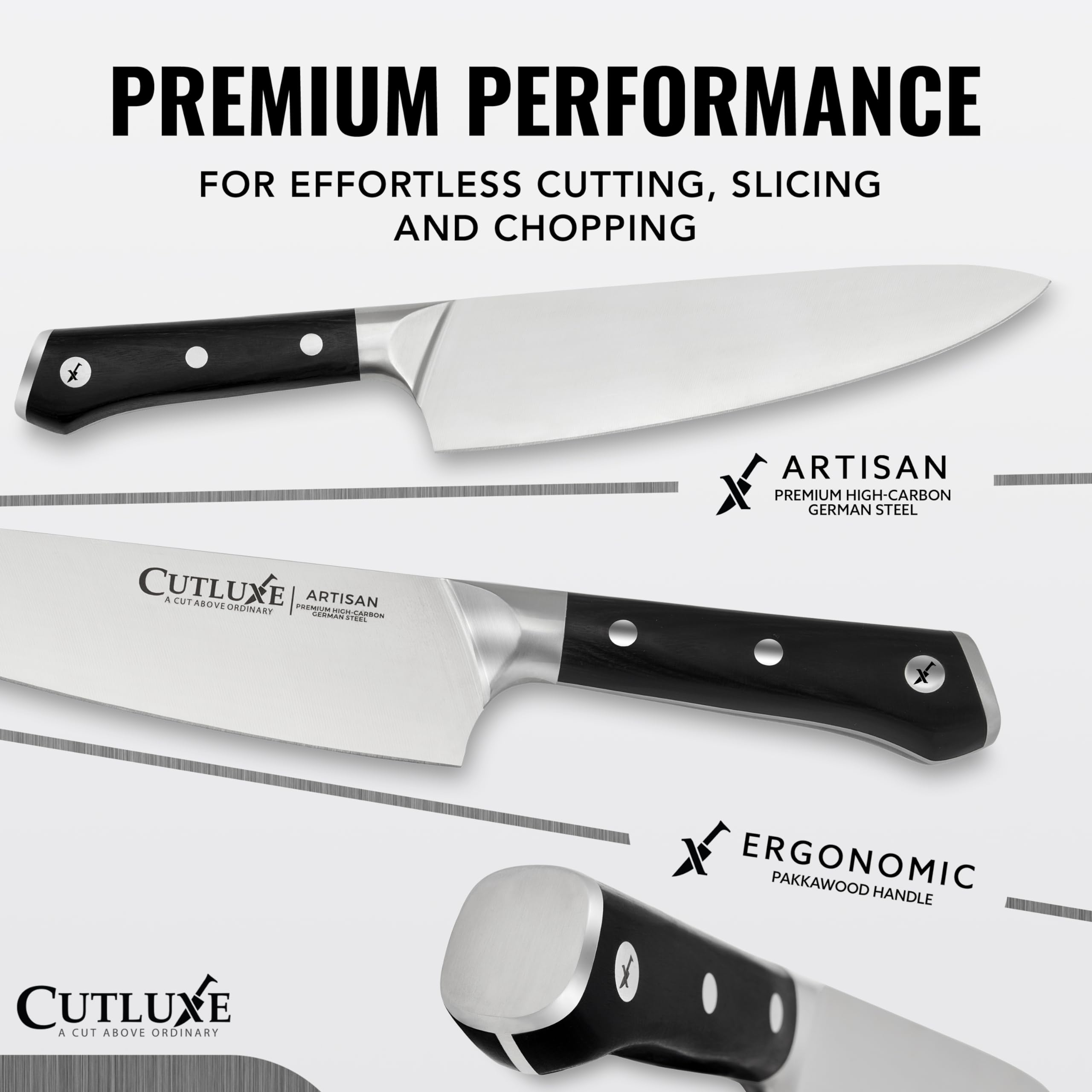 Cutluxe gros plan poignée ergonomique offrant prise sûre
