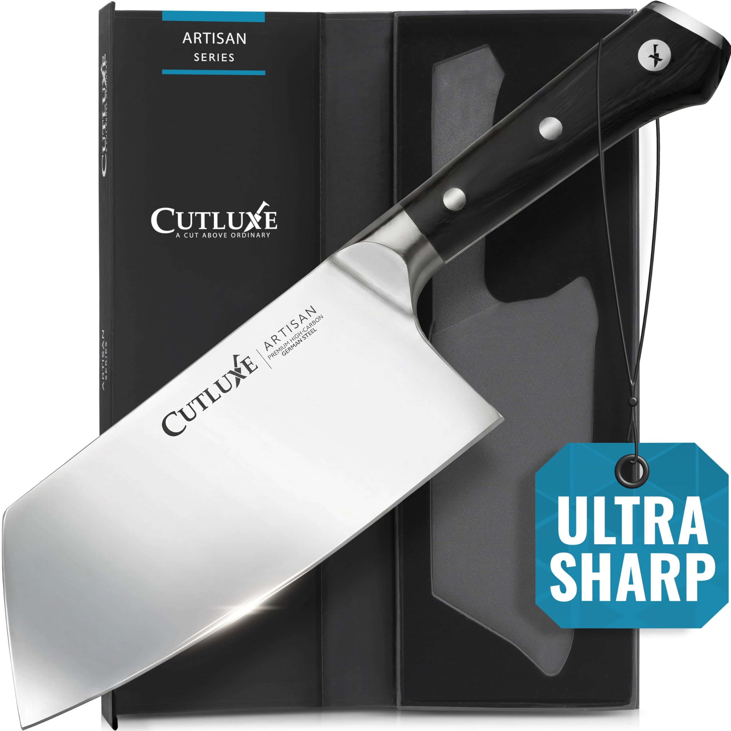 Cutluxe hachoir face avant montrant la lame et la poignée, robustesse assurée