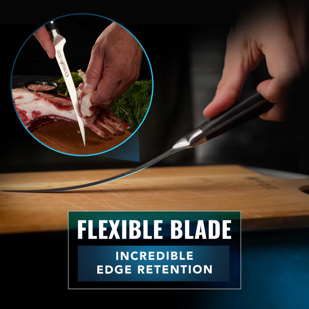 Cutluxe bord affûté 14-16 degrés, tranchant qui facilite les découpes précises