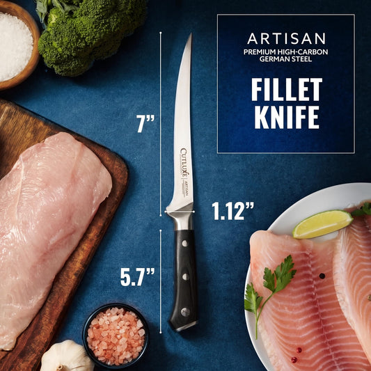 Cutluxe gros plan sur la texture de la lame en acier allemand, résistance accrue
